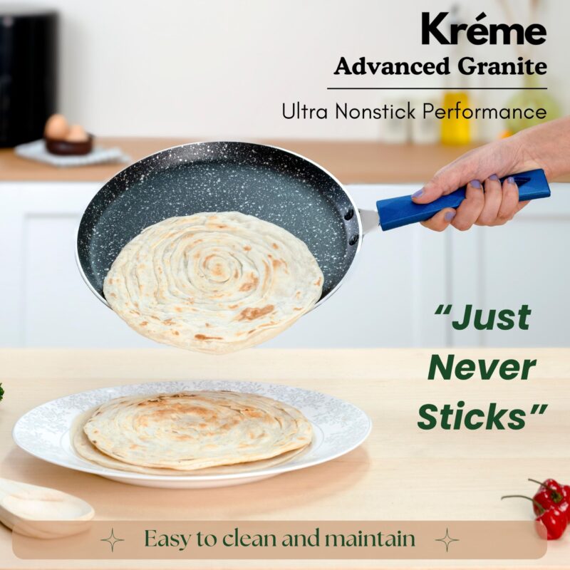 Kreme Aluminium Non-Stick Dosa Tawa | Granite Finish | Gas and Induction Compatible | PFOA Free | High Temperature Resistant Exterior Coating | Sturdy Soft Touch Handle | ISI Certified | 28 Cm | Blue - Image 5