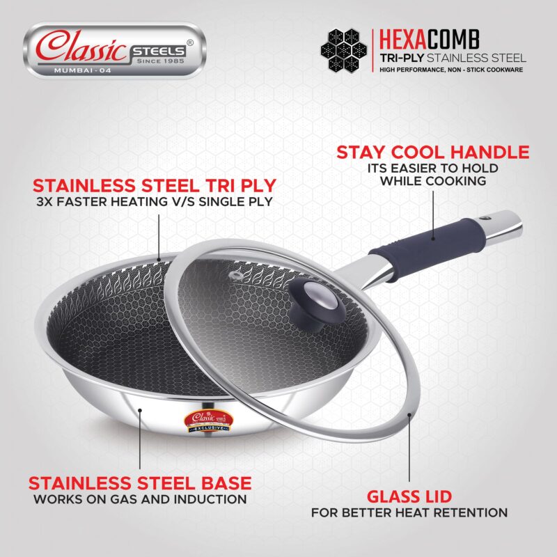 Classic Steels Hexa Comb Triply Frypan with Glass Lid - 1.5 LTR (22cm) | Stainless Steel Non-Stick Fry Pan | Induction & Gas Compatible | 2.5mm Thickness | Durable Stay Cool Silicon Handle - Image 3