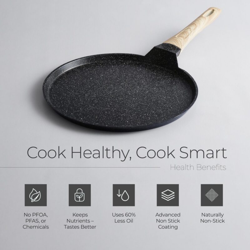 Lifelong Die-cast Flat Roti Tawa with Wooden Finish Handle & Spatula for Dosa, Chapati | 28cm, 1kg | Pre-Seasoned Non-Toxic, Non-Stick & Teflon Free, Durable | Gas & Induction Stove-Friendly (LLDCT28) - Image 5
