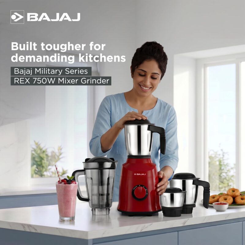 Bajaj Military Series Rex 750W 4 Jar Mixer Grinder | DuraCut Blades | 2-In-1 Function Blade In Dry Jar | 2 Yrs Warranty 【Red/Black】 - Image 2