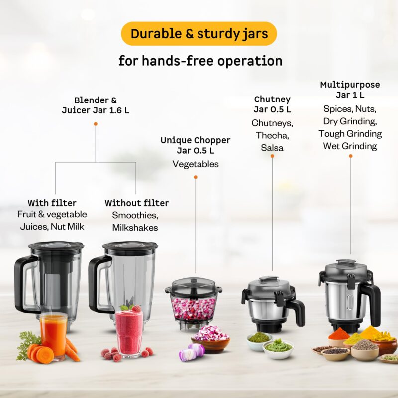 Atomberg Zenova Fresh Juicer Mixer Grinder For Kitchen | Intelligent BLDC Motor | Grind Like 1000 Watt | Coarse Mode for Silbatta Texture | 4 Jar With Chopper | Coconut Milk Maker | Hands-Free | Black - Image 5