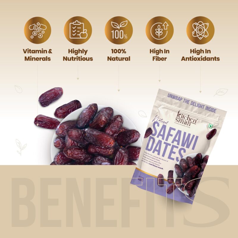 KitchenSmith Safawi Fresh Dates - 400gm | No Preservatives & Added Sugar | High Fibre | Energy Health Snacks | Premium Khajoor - Image 4
