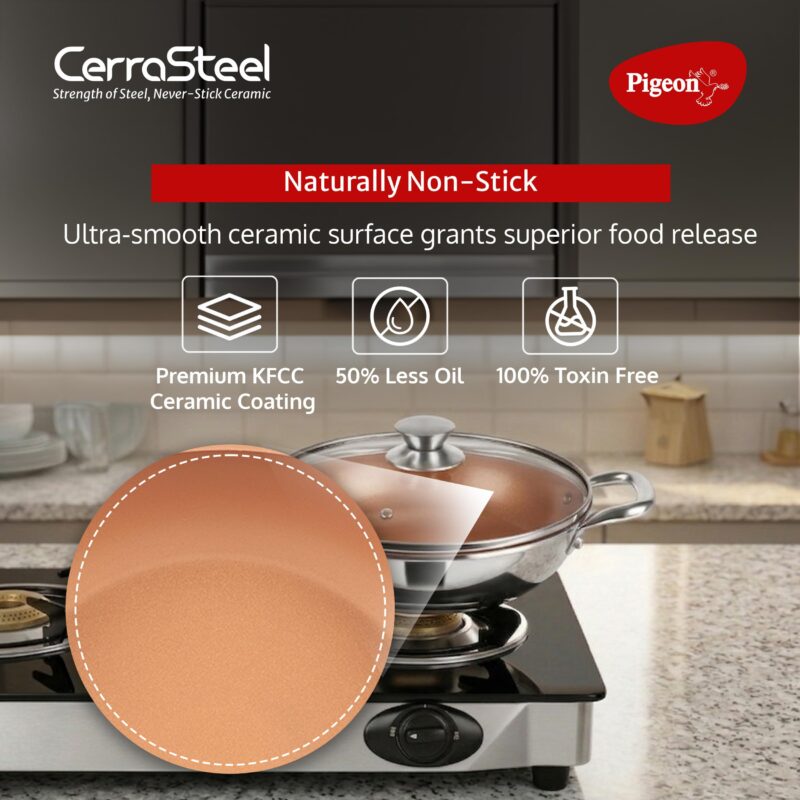 Pigeon Cerrasteel 24cm Ceramic Kadai| Non-Stick| Ceramic Coated| Copper - Image 4