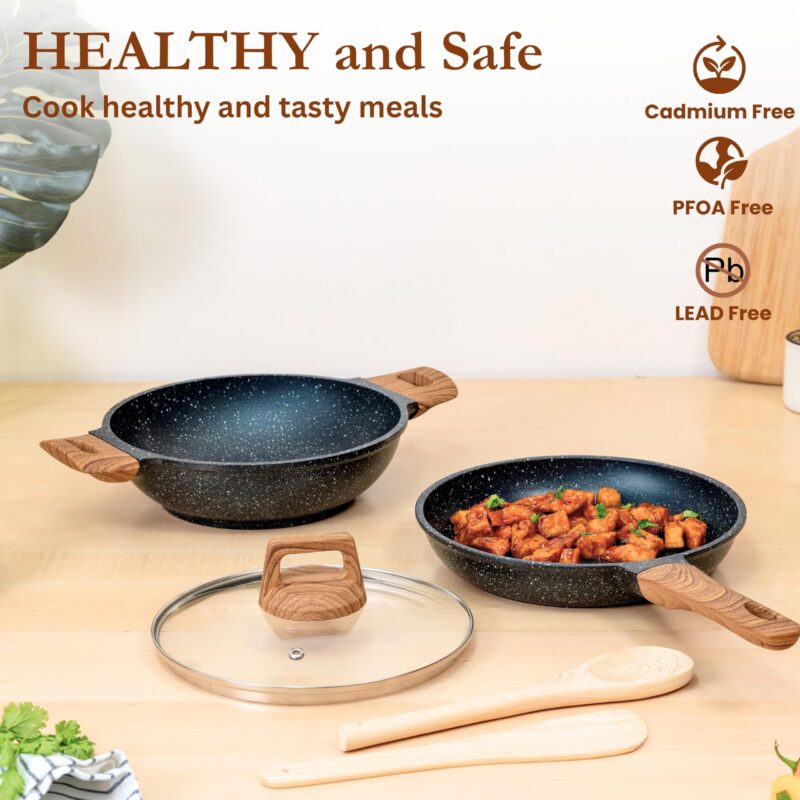 Kreme CeraStone Ultra Granite Nonstick Cookware Set 5 Pieces, Frying Pan 1.7L, Kadai 2.5L, Glass Lid and Wooden Cooking Spoons, PFOA Free, Induction Compatible, Made in India, Black - Image 5
