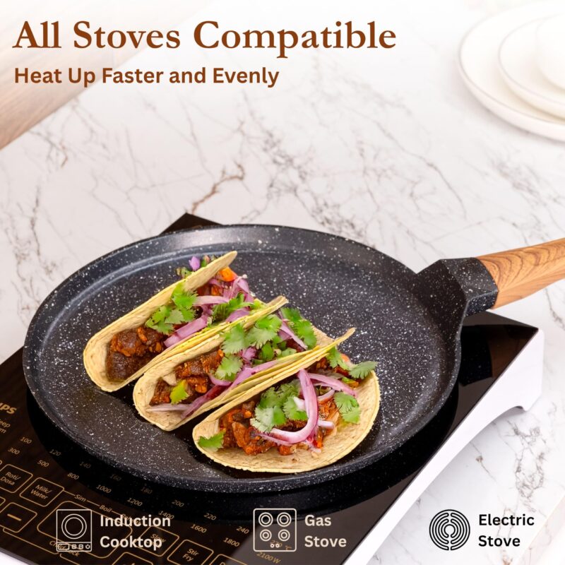 Kreme Cerastone Ultra Granite Nonstick Tawa with Wooden Handle, 11.5 Inch, 28cm, Superior Nonstick Performance, Made in India, Induction Compatible, PFOA Free, Black - Image 6