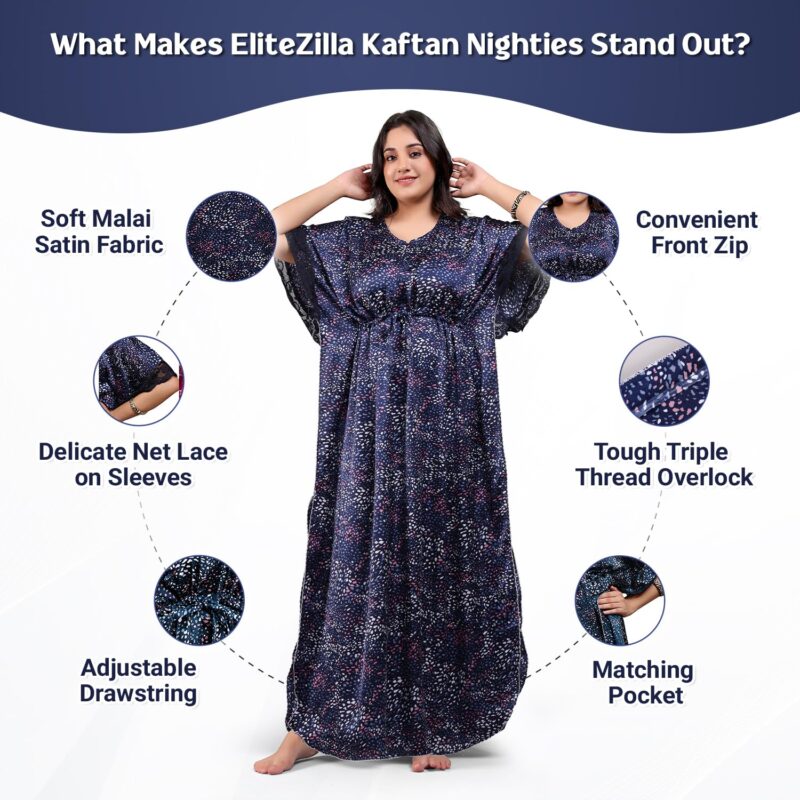 EliteZilla Kaftan Nighty| Nighty for Women Stylish| Night Gown for Women Stylish| Malai Satin Soft Fabric| Easy Front Zip| Relaxed Free Size Fit with Drawstring| Midnight Blue - Image 4