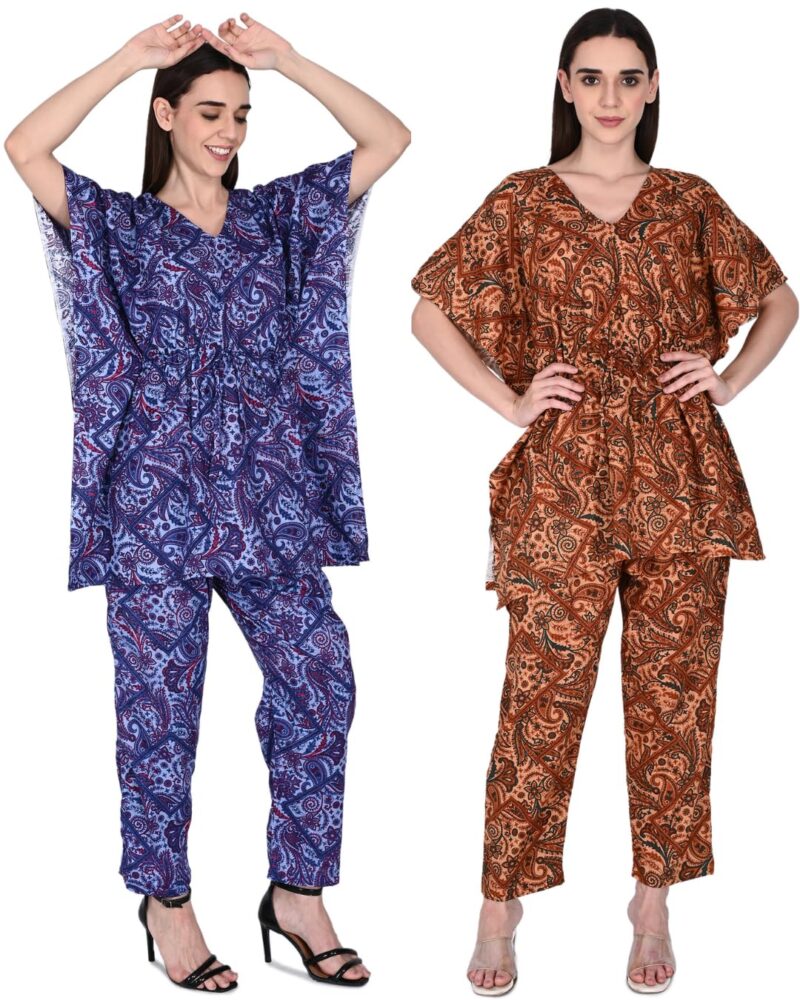Bresdk Women Cotton Printed Kaftan Top & Pyjama Nightwear Set | Pack of 2 | Free Size Lounge Wear | Soft Breathable Fabric | One Side Pocket (Blue_Yellow, Free Size)