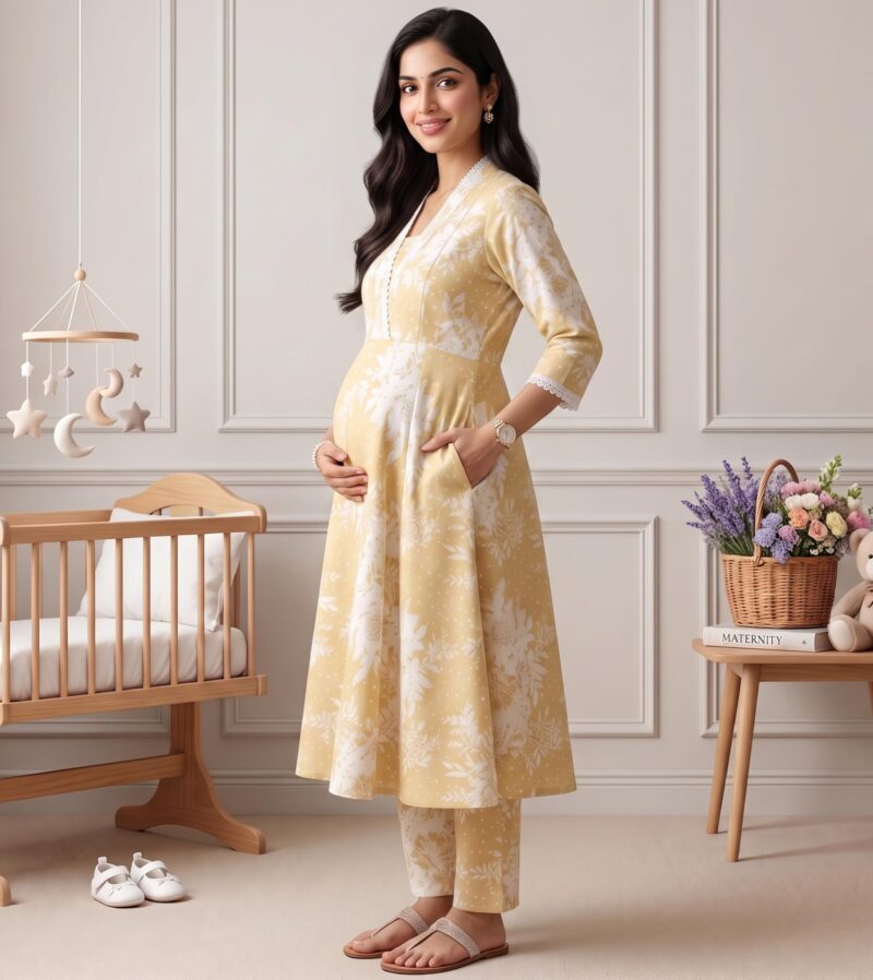 DUMMY SHAPE Maternity Dresses For Women Cotton Blend | Floral Anarkali Feeding Kurta Pant Cord Set With Nursing Zippers, Side Pocket | Pregnant & Breastfeeding Suit | Baby Shower | Pregnancy Mom Gifts - Image 4