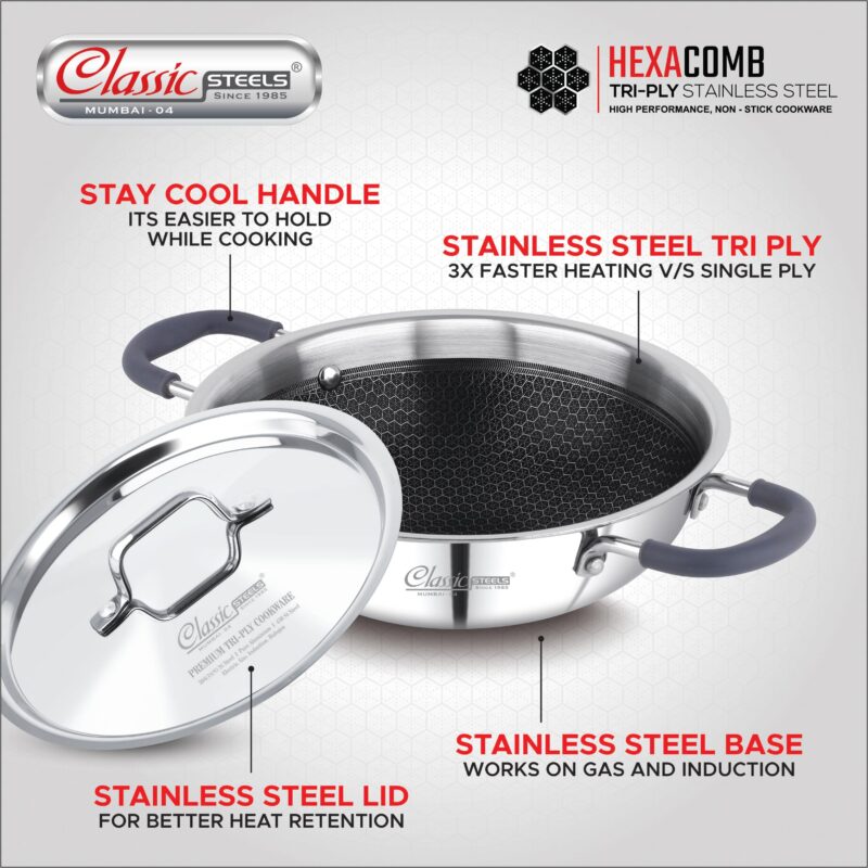 Classic Steels Hexa Comb Triply Kadai with Steel Lid - 1.5 LTR (20cm) | Stainless Steel Non-Stick Kadhai for Cooking | Gas & Induction Compatible | 2.5mm Thickness | Durable Stay Cool Silicon Handle - Image 3