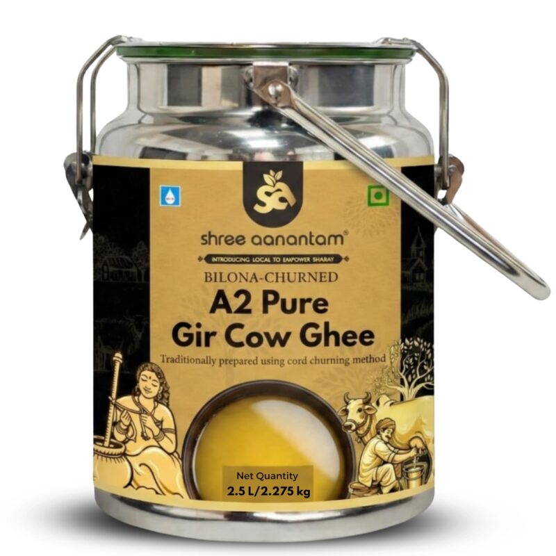 Shree Aanantam A2 Gir Cow Desi Ghee | Made with Vedic Bilona Method | Hand churned | Pure, Healthy and Natural | Grass Fed Cows | Glass Jar (Ghee Dolchi 2.5L)