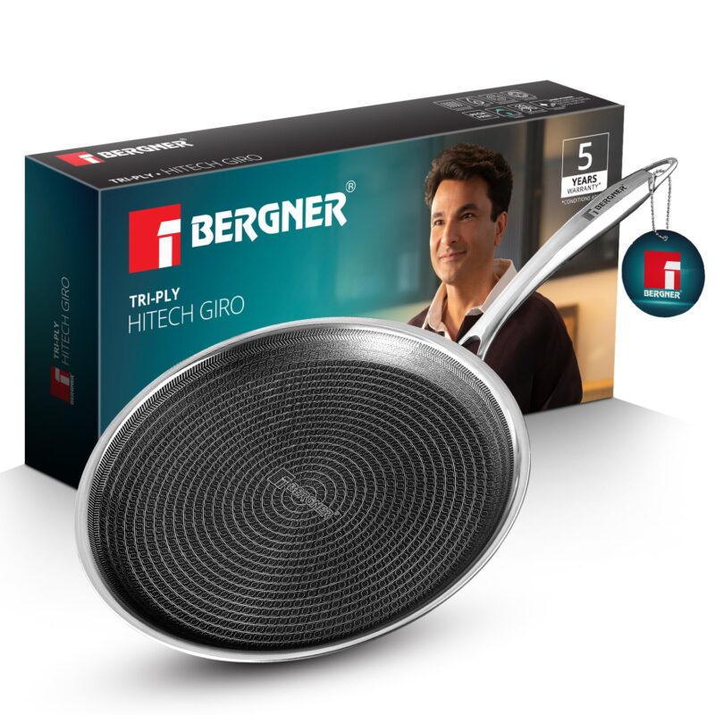 BERGNER Hi-Tech Giro Triply Stainless Steel 30cm Dosa Tawa, Honeycomb Mesh Non-Stick Coating, PFOA Free, Even Heat Distribution, Sturdy and Durable Stay Cool Handle - Induction and Gas Stove Ready