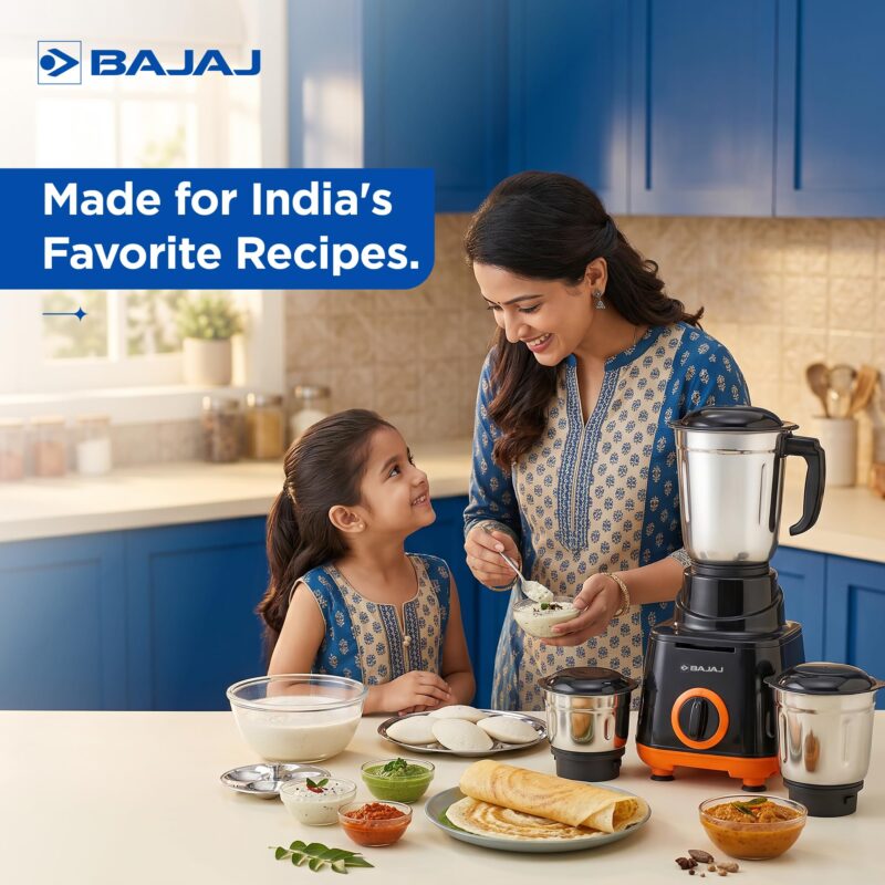 Bajaj Rex 500W Mixer Grinder | 3 Stainless Steel Jars with Multifunctional Blades | Nutri-Pro Feature for Efficient Grinding & Blending | Adjustable Speed Control | 1 Year Warranty | Black & Orange - Image 6