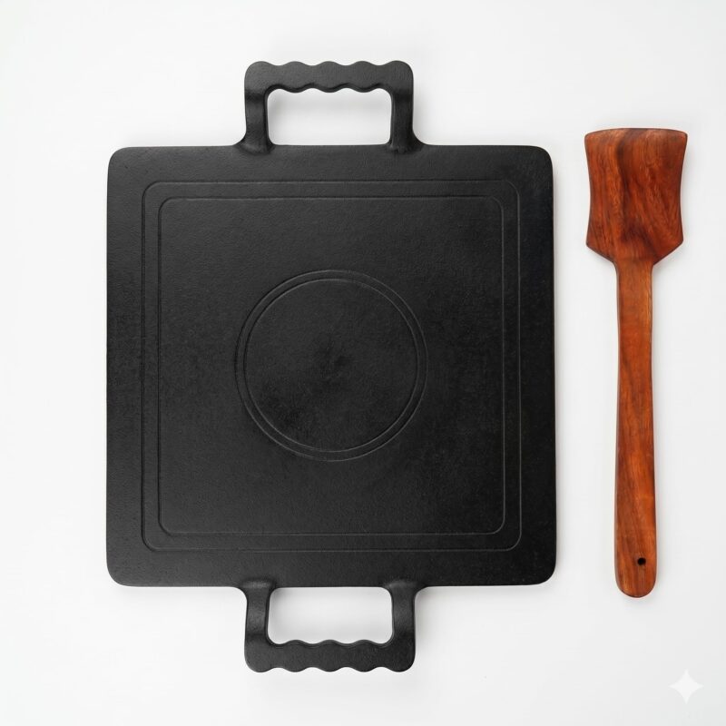 PRINA E-SHOP Iron Dosa Tawa with Free Spatula, No Chemical Coating, Flat Square Pan with Handle, Big Heavy Duty Tawa for Dosas, Roti, Chapati & Pathiri - 12 Inch (Black)