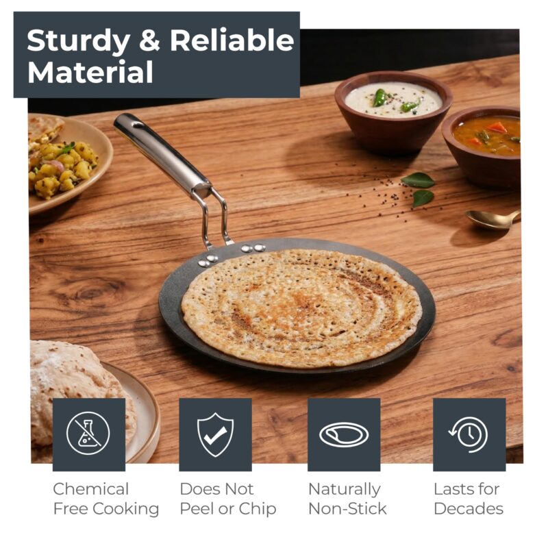 Lifelong Carbon Steel (Iron) Roti Tawa 25cm | High Heat Chapati & Paratha Tawa with Stainless Steel Handle | Naturally Seasoned Non-Stick Surface | Induction & Gas Compatible | Durable & Lightweight - Image 2