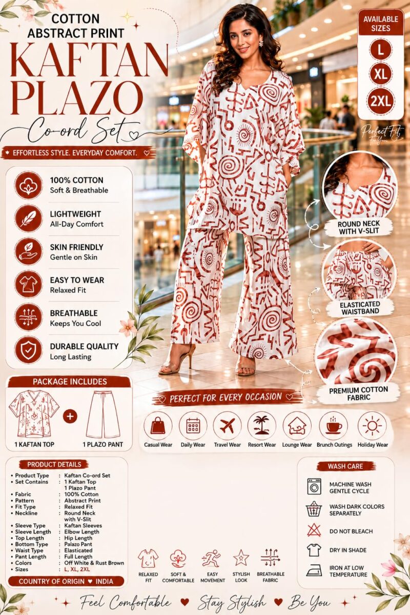 Cotton Printed Kaftan Co-Ord Set Free Size | MAROON Abstract Geometric Print Kaftan Top with Palazzo Pants | Free Size Relaxed Fit Lounge Wear, Travel Wear & Resort Wear for Women - Image 4