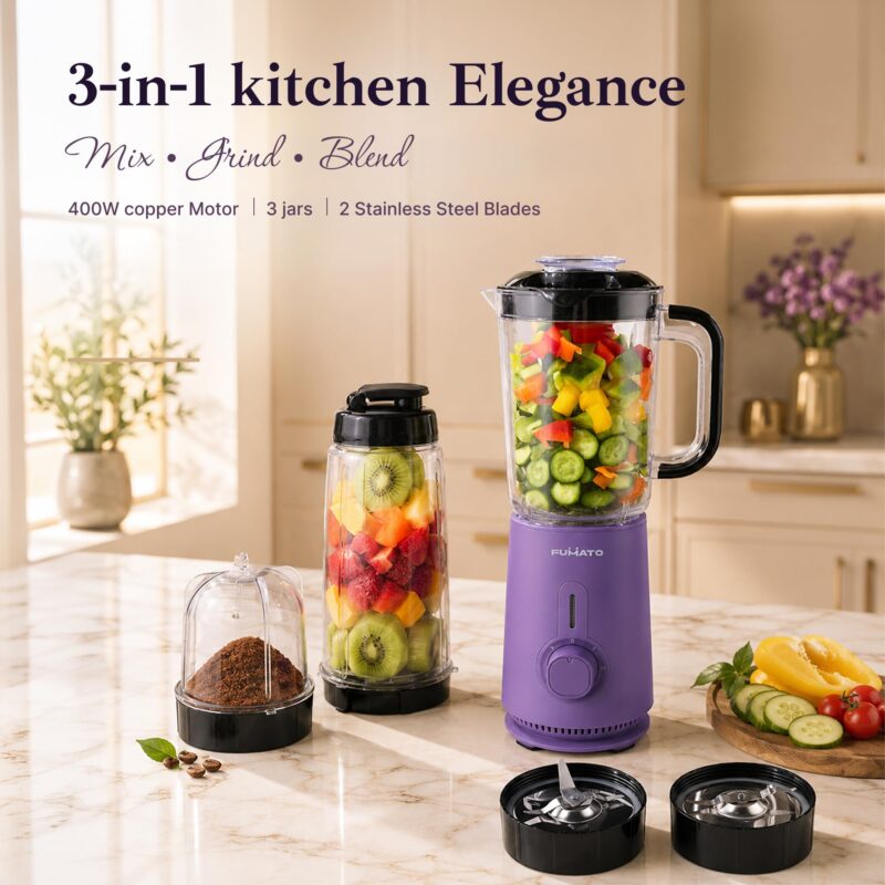 The Better Home Fumato Nutri Blender & Mixer Grinder | 3 Unbreakable BPA Free Jars, Smoothie, Masala, Chutney | 2 Stainless Steel Blades | 3-Speed 100% Copper Motor | 1 Yr Warranty (Purple) - Image 4