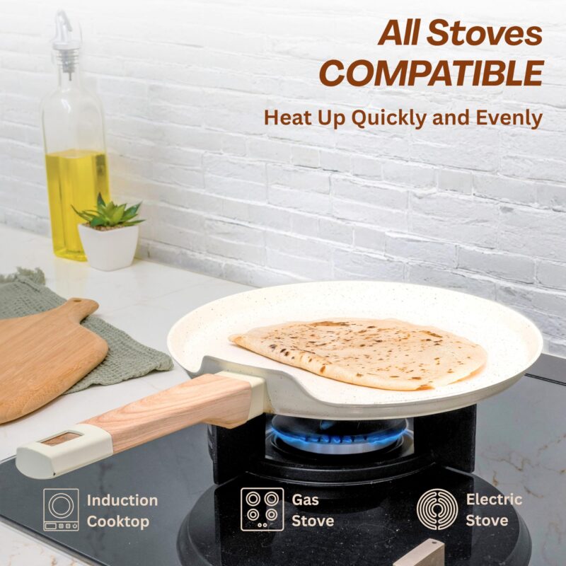 Kreme Ceracook Ceramic Coated Granite Flat Tawa 28cm, ISI Certified Dosa Tawa, Forged Aluminium Body, Gas & Induction Compatible, Non Toxic Tawa PFAS & PTFE Free, 1 Year Warranty, Ivory - Image 6