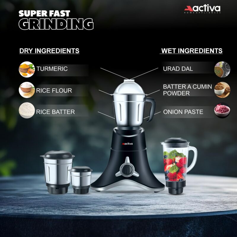 ACTIVA ABS Super Chef 900 Watts Powerful Motor Mixer Grinder 4 Jars For Chutney, Juice and Shakes, Fast Grinding for Wet & Dry Ingridients, Stainless Blade, 2 Years Warranty - Black - Image 8