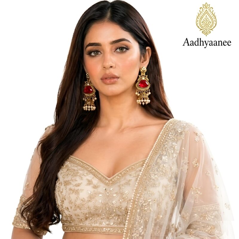 Aadhyaanee Traditional Jhumka Earrings for Women – Antique Finish Ethnic Dangle Earrings with Pearl Drops, Designer Ocasional Wear Wedding Jewellery, Statement Long Earrings for Lehenga Saree (Ruby Red Antique Gold) - Image 6