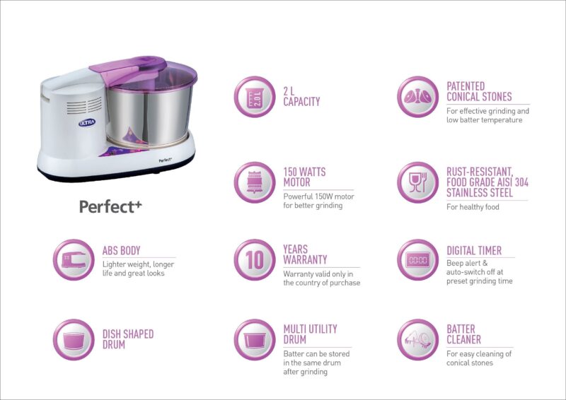 Ultra Perfect+ 2 Litre Table Top Wet Grinder - White | Digital Timer - Fast Grinding Conical Stones, 150W Motor & 10 Years Warranty | AISI 304 Food-Grade SS Multi Utility Dish Type Drum, CE Certified - Image 8