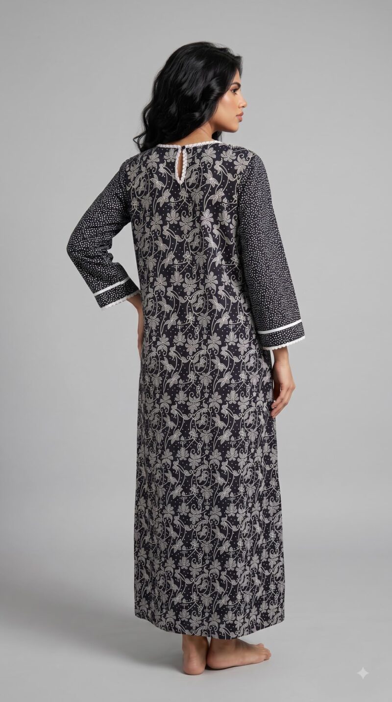 Evolove Farasha Kaftan Jalabiya Style Cotton Maxi Nighty for Women | V-Neck with Lace Trim | 3/4 Sleeves Full Length Nightdress, Black, L - Image 2