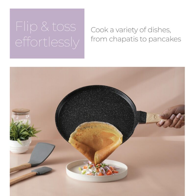 Lifelong Die-cast Flat Roti Tawa with Wooden Finish Handle & Spatula for Dosa, Chapati | 28cm, 1kg | Pre-Seasoned Non-Toxic, Non-Stick & Teflon Free, Durable | Gas & Induction Stove-Friendly (LLDCT28) - Image 7