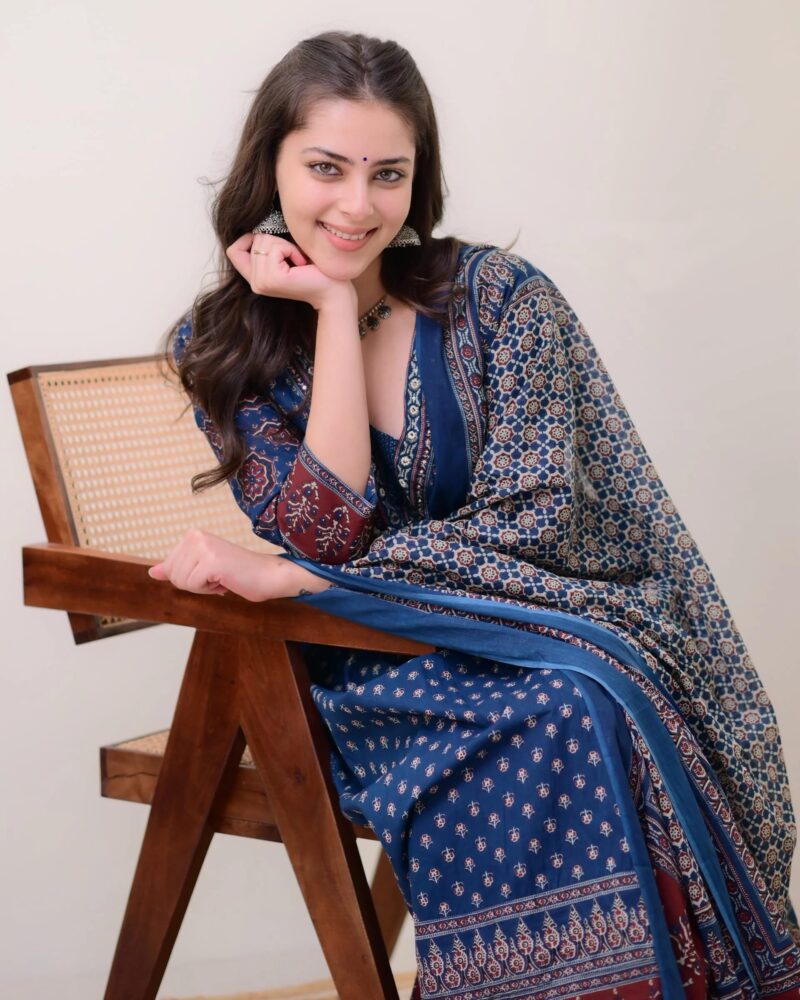 KLOSIA Women Printed Anarkali Kurta and Pant Set with Dupatta Teal Blue - Image 2