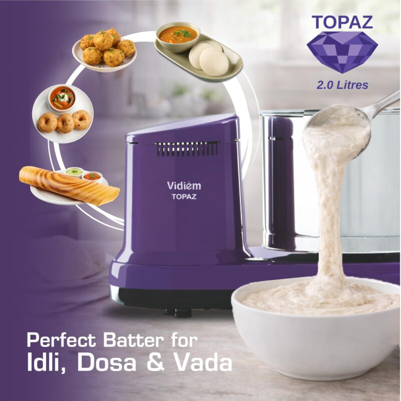 Vidiem Topaz 150W Wet Grinder for Idli Dosa Batter | 2L Stainless Steel Drum, Extra Wide Stone Rollers, High Torque Motor | ISI Certified | ABS Body | 5-Yr Motor Warranty | Lavender - Image 8