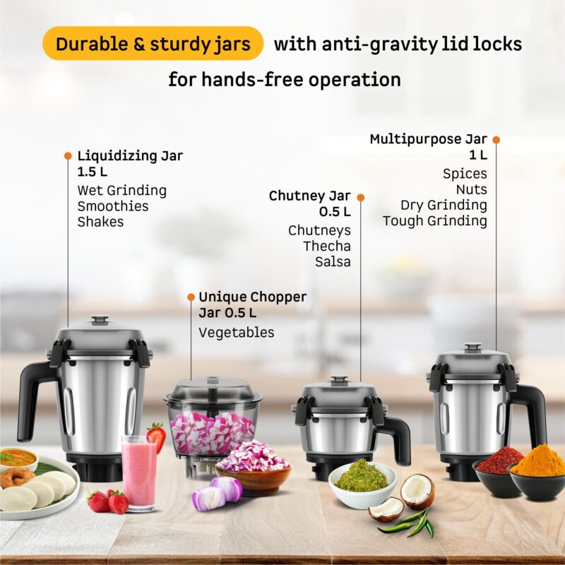 Atomberg Zenova Mixer Grinder For Kitchen | Intelligent BLDC Motor | Grinds Like 1000 Watt | Unique Coarse Mode for Silbatta Texture | 4 Jars With Chopper | Hands-Free | Safety Features | Red Wine - Image 5
