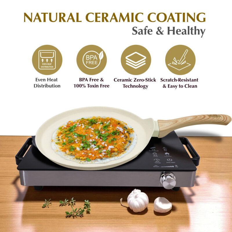 SOLARA Belmont Ceramic Dosa Tawa Non Stick Pan 28cm, Dosa Tawa Induction Base & Gas Compatible with Soft-Touch Handles, Flat Dosa Tava - Ivory - Image 2