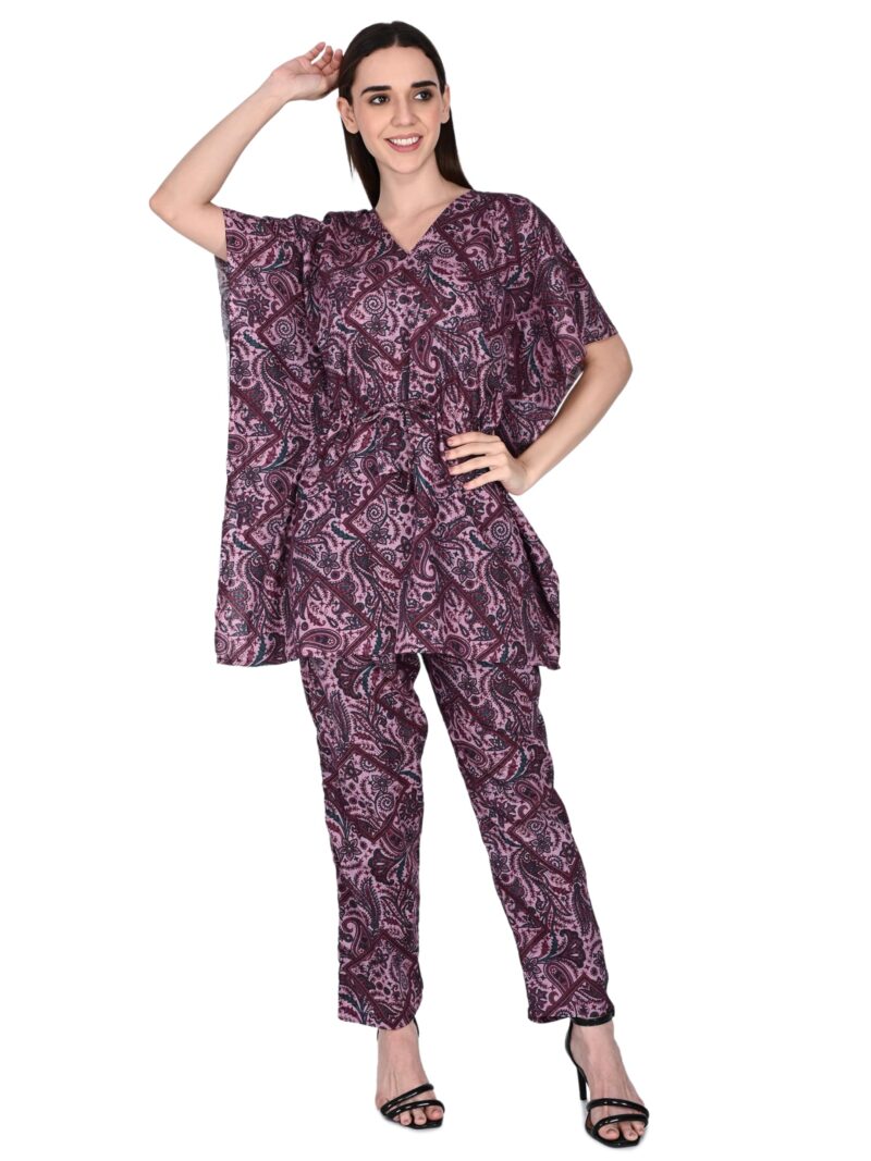 Bresdk Women Cotton Printed Kaftan Top & Pyjama Nightwear Set | Pack of 2 | Free Size Lounge Wear | Soft Breathable Fabric | One Side Pocket (Blue,Purple, Free Size) - Image 7