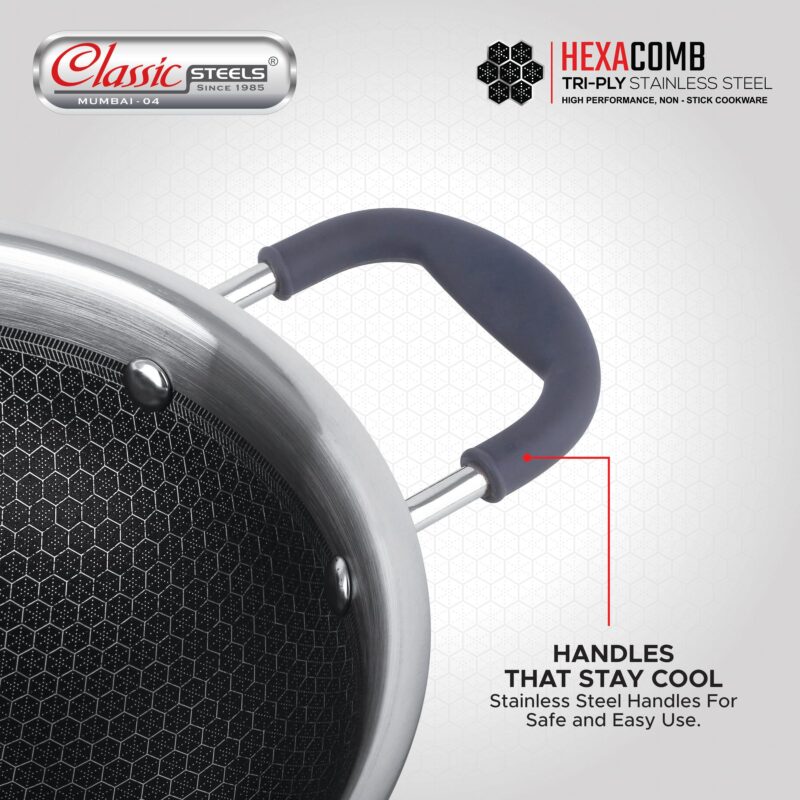 Classic Steels Hexa Comb Triply Kadai with Steel Lid - 1.5 LTR (20cm) | Stainless Steel Non-Stick Kadhai for Cooking | Gas & Induction Compatible | 2.5mm Thickness | Durable Stay Cool Silicon Handle - Image 5
