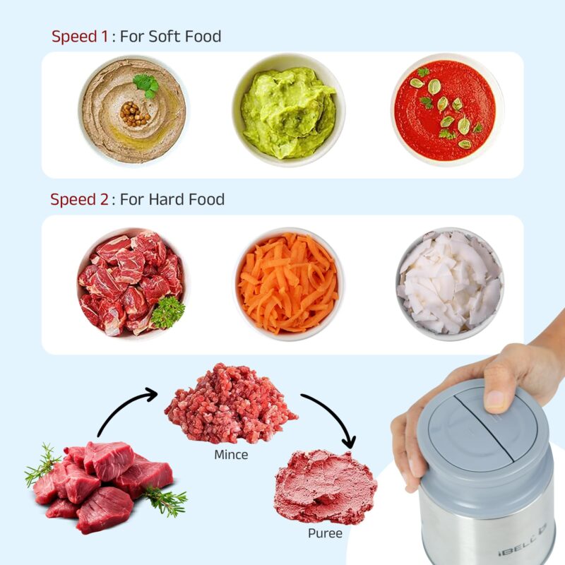IBELL MT200SPRO Electric Chopper with 2-Yr Warranty, 700W Powerful Motor, 2L SS Bowl, Multipurpose Food Processor for Meat, Vegetables, Fruits & Nuts, with Garlic Peeler & Egg Whisker (Silver). - Image 6