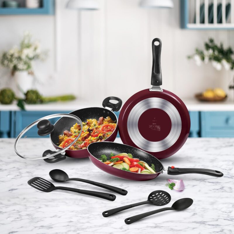 Milton Pro Cook Kitchen Pride Plus Granito I Set of 7 Non Stick Cookware | Non Induction I Cooking Pan, Kadhai with Lid, Tawa, Nylon Laddle & Spatula I Peach Metallic - Image 4