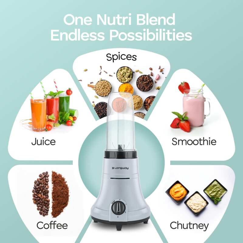 Longway Sage 500 Watt Juicer Mixer Grinder for Grinding, Mixing, Juicing with Powerful Motor (Gray & Black, 2 Jars) - Image 5