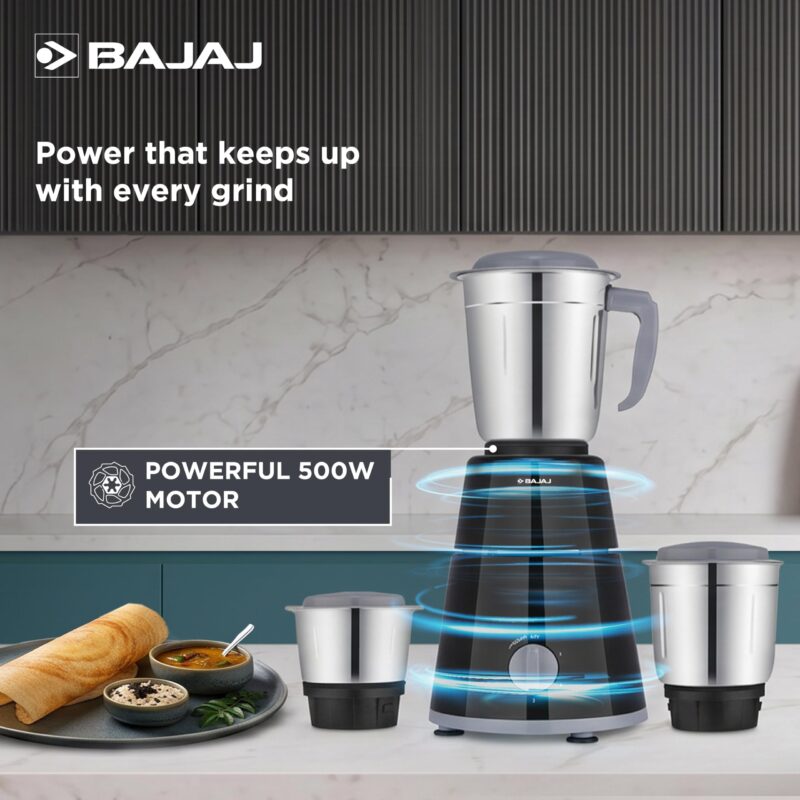Bajaj GX-1 Mixer Grinder 500W | Superior Mixie For Kitchen | 2-In-1 For Dry Grinding | Blade Function With Titan Motor | 3 Stainless Steel Mixer Jars | 1 Year Product Warranty By Bajaj 【Black】 - Image 3