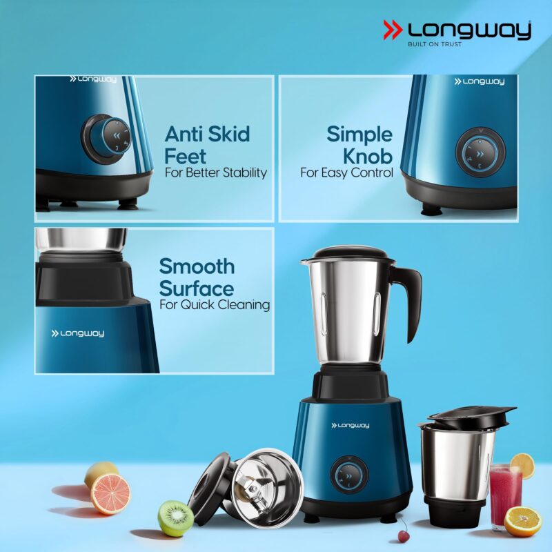 Longway Super Pro Juicer Mixer Grinder | Up to 750W Max Output Powerful Motor | 4 Jars for Grinding, Mixing, Juicing | 2 Years Warranty (Blue & Black) - Image 7