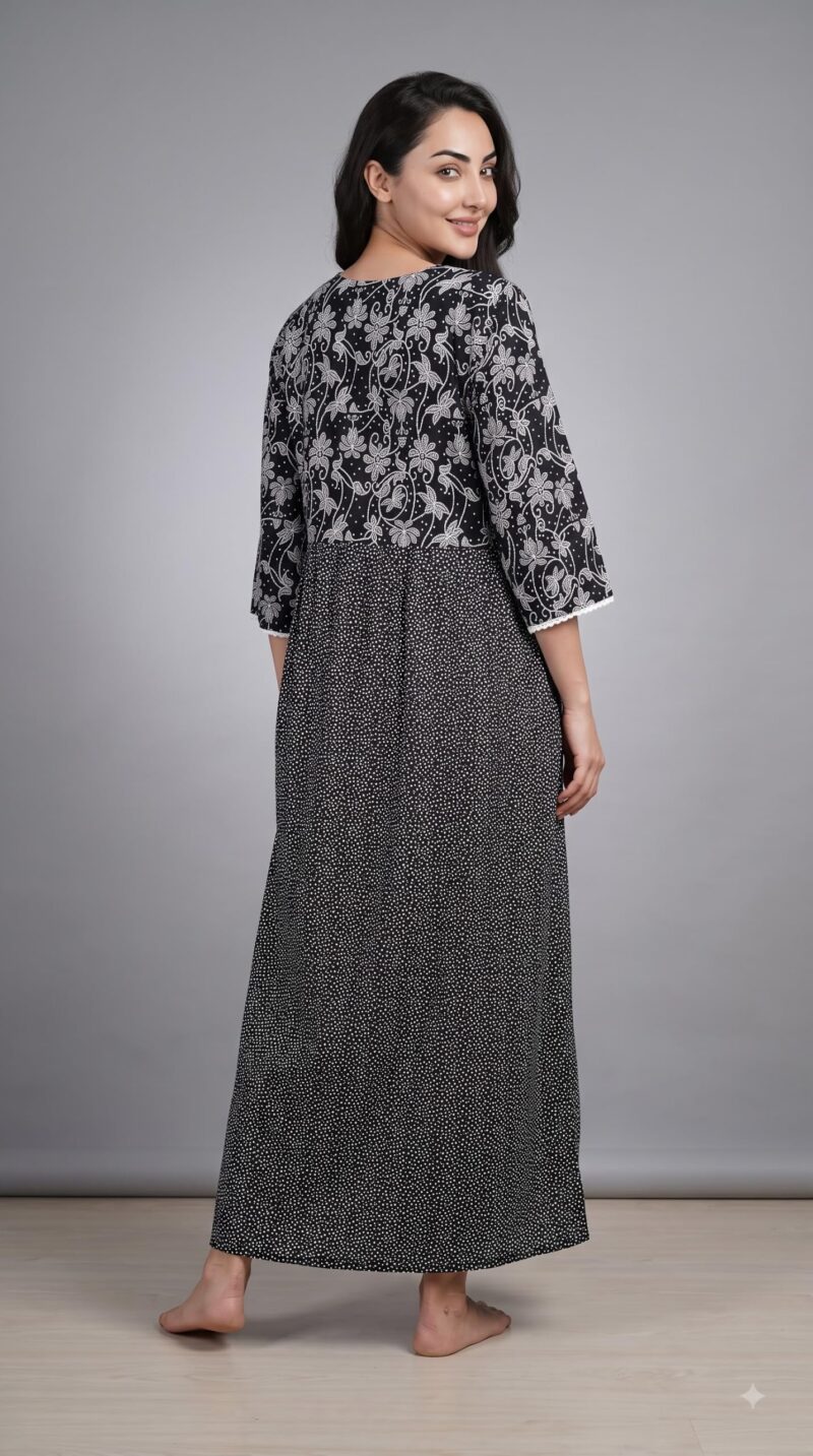 Evolove Farasha Kaftan Jalabiya Style Cotton Maxi Nighty for Women | V-Neck with Lace Trim | 3/4 Sleeves Full Length Nightdress, Jet Black, XL - Image 2