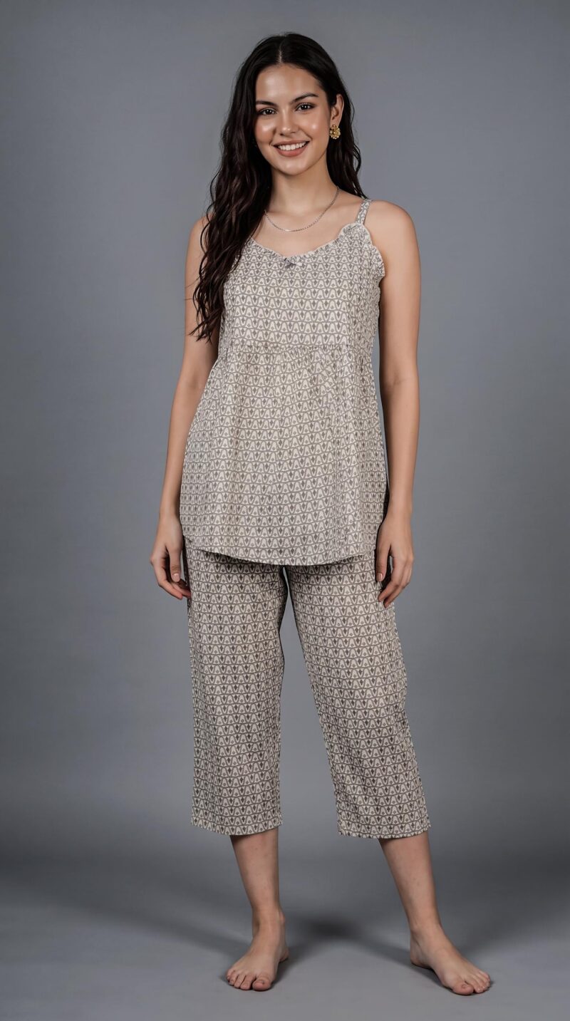 Evolove x Venus Rayon Slub Floral Capri Pajama Set for Women | V-Neck Short Sleeve Top & Capri Pants | Night Suit, Grey, M - Image 7