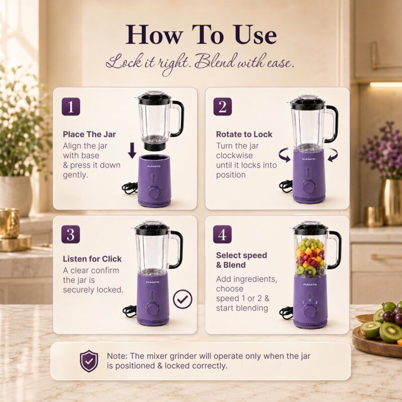 The Better Home Fumato Nutri Blender & Mixer Grinder | 3 Unbreakable BPA Free Jars, Smoothie, Masala, Chutney | 2 Stainless Steel Blades | 3-Speed 100% Copper Motor | 1 Yr Warranty (Purple) - Image 7
