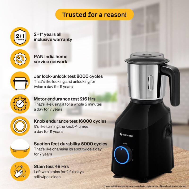 Atomberg Yulia 750 Watt Mixer Grinder | 4 Multipurpose Jars including Chopper Jar | Coarse Mode for Silbatta-like Textures | Powerful Intelligent Motor | Advanced Safety Features | Gloss Black - Image 8