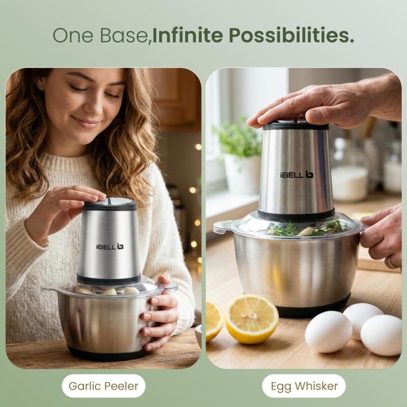 IBELL MT200SPRO Electric Chopper with 2-Yr Warranty, 700W Powerful Motor, 2L SS Bowl, Multipurpose Food Processor for Meat, Vegetables, Fruits & Nuts, with Garlic Peeler & Egg Whisker (Silver). - Image 5
