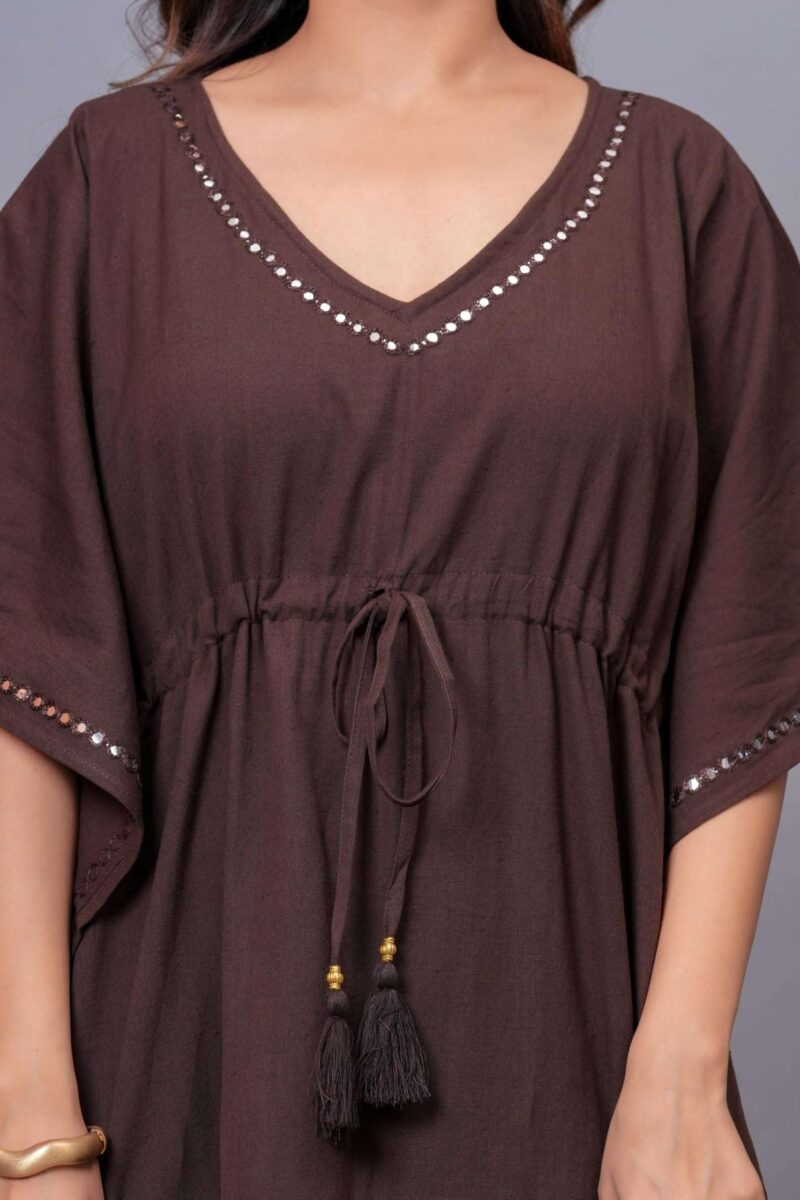 TEXTILE TONES Women’s Chocolate Brown Kaftan Dress - V Neck Maxi Dress with Adjustable Waist Tie, Lightweight Loose Fit Beach Cover Up for Vacation, Resort, Poolside & Casual Wear, Free Size - Image 9