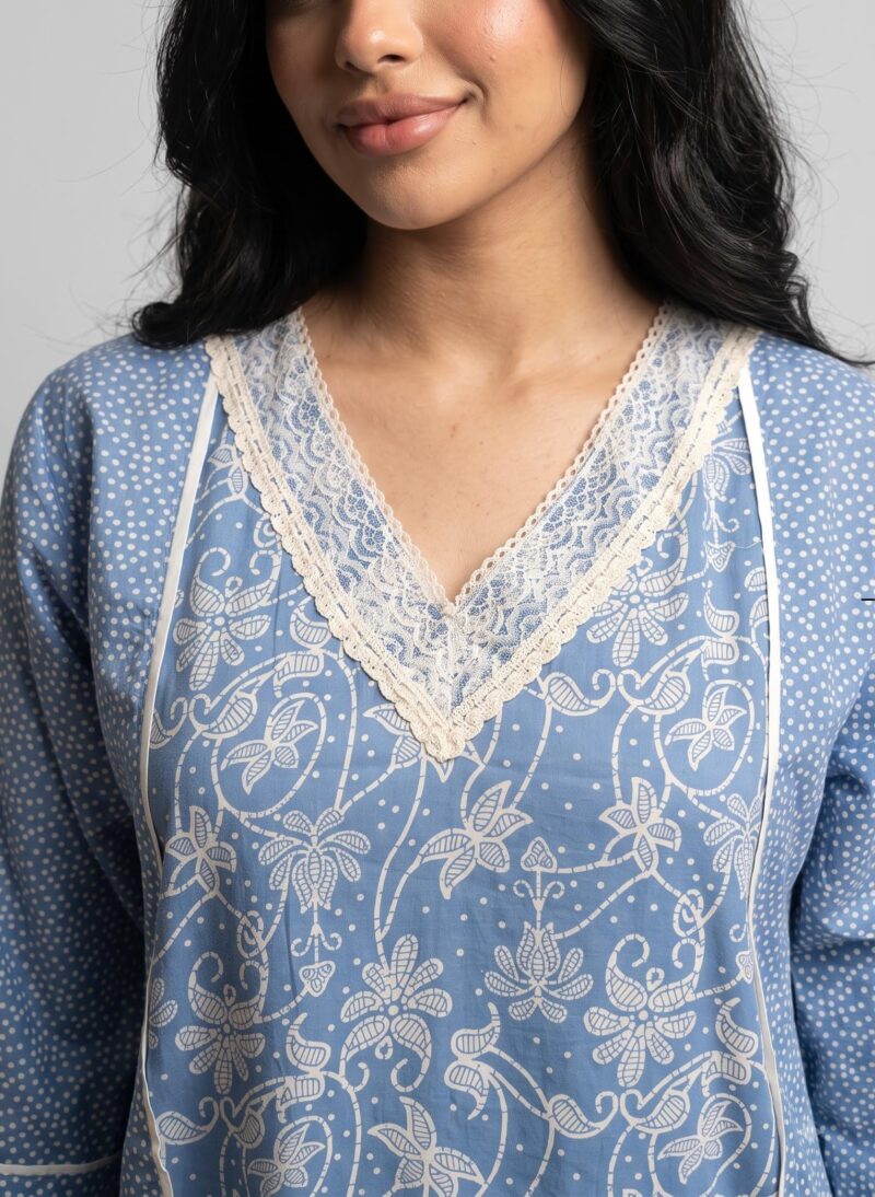 Evolove Farasha Kaftan Jalabiya Style Cotton Maxi Nighty for Women | V-Neck with Lace Trim | 3/4 Sleeves Full Length Nightdress, Sky Blue, L - Image 4