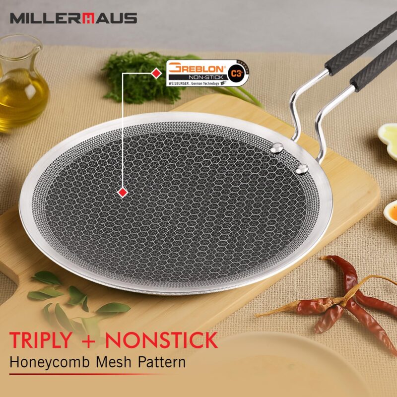 Millerhaus Triply Honeycomb 25cm Roti Tawa, Honeycomb Pattern with Non-Stick Coating, Metal Utensil Safe, Healthy Cooking, Even and Faster Heating, Stay Cool Wired Handle - Induction and Gas Ready - Image 4
