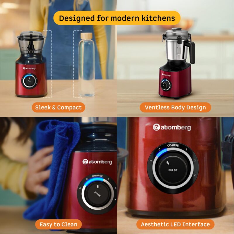 Atomberg Zenova Mixer Grinder For Kitchen | Intelligent BLDC Motor | Grinds Like 1000 Watt | Unique Coarse Mode for Silbatta Texture | 4 Jars With Chopper | Hands-Free | Safety Features | Red Wine - Image 6