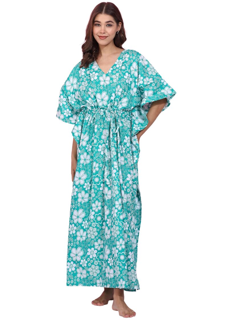 Vlazom Women’s Floral Jispuri Print Cotton Kaftan | Free Size V-Neck Drawstring Maxi Dress | Lounge, Beach & Resort Wear (Rama, Free Size)