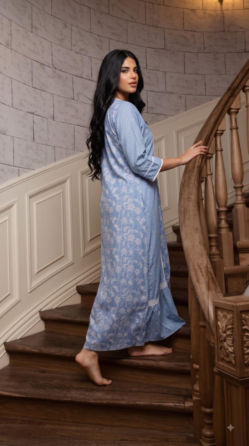 Evolove Farasha Kaftan Jalabiya Style Cotton Maxi Nighty for Women | V-Neck with Lace Trim | 3/4 Sleeves Full Length Nightdress, Sky Blue, L - Image 6