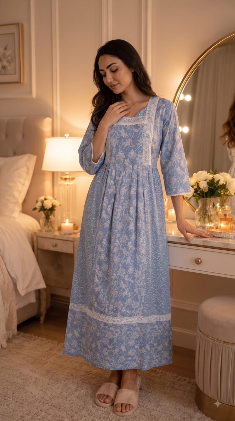 Evolove Farasha Kaftan Jalabiya Style Cotton Maxi Nighty for Women | V-Neck with Lace Trim | 3/4 Sleeves Full Length Nightdress, Light Blue, L - Image 5