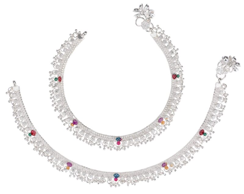 AanyaCentric Indian Traditional Ethnic White Metal Anklet Pair Silver Leg Bracelet For Women Payal Girls Kolusu